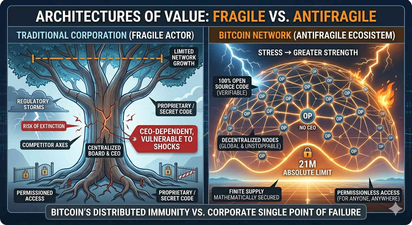 Bitcoin is antifragile because it has no CEO, is permissionless, and is indestructible. Companies, on the other hand, are the opposite: fragile. .